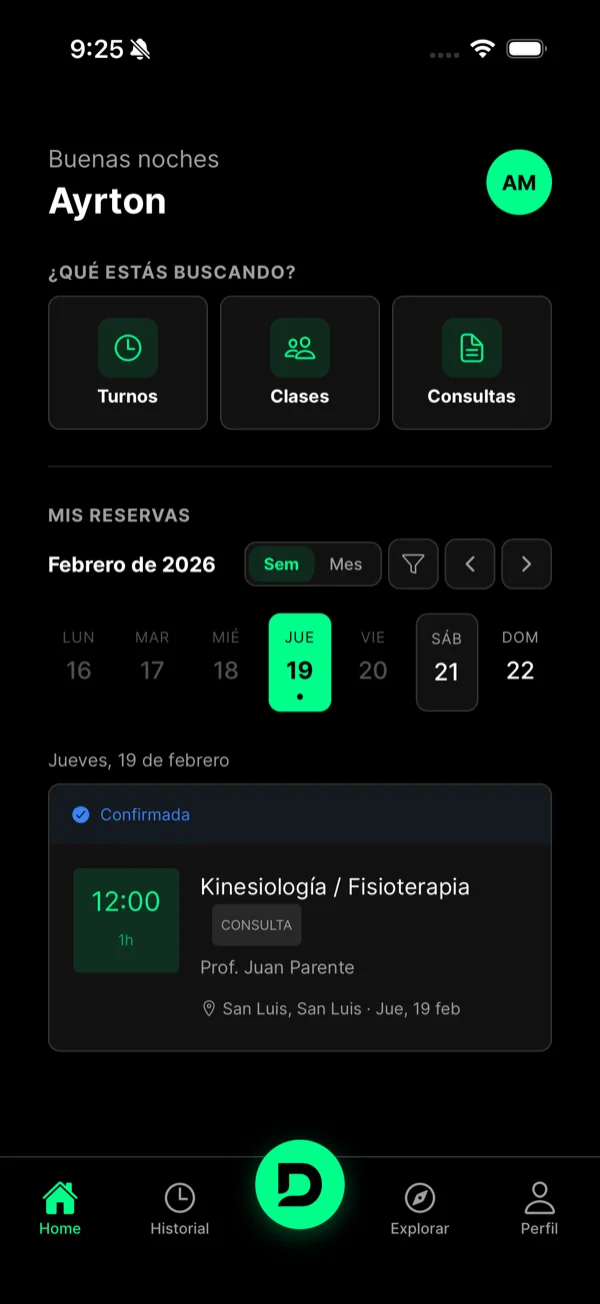 Pantalla principal de la app Dale Que Sale: reserva de turnos, clases y consultas